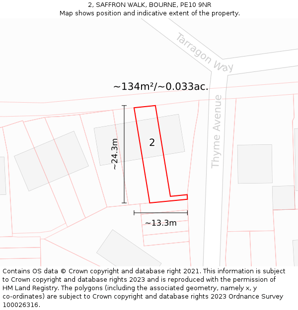 2, SAFFRON WALK, BOURNE, PE10 9NR: Plot and title map