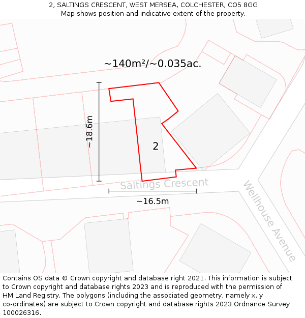 2, SALTINGS CRESCENT, WEST MERSEA, COLCHESTER, CO5 8GG: Plot and title map