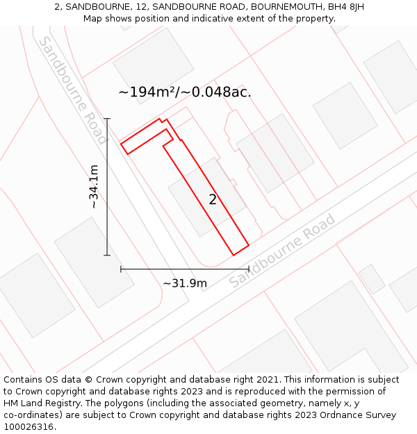 2, SANDBOURNE, 12, SANDBOURNE ROAD, BOURNEMOUTH, BH4 8JH: Plot and title map
