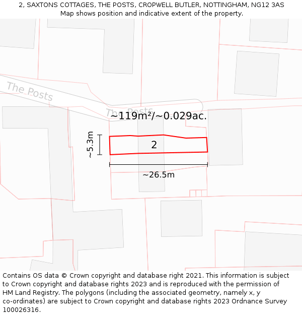 2, SAXTONS COTTAGES, THE POSTS, CROPWELL BUTLER, NOTTINGHAM, NG12 3AS: Plot and title map