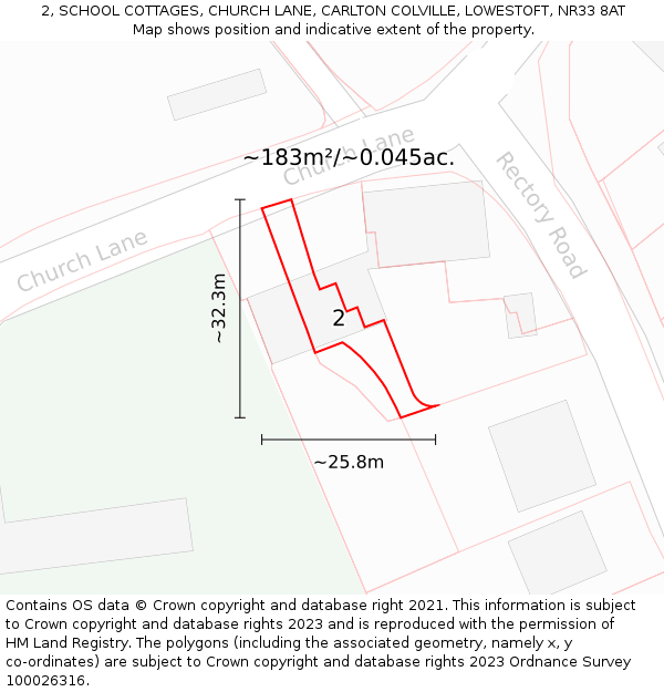 2, SCHOOL COTTAGES, CHURCH LANE, CARLTON COLVILLE, LOWESTOFT, NR33 8AT: Plot and title map