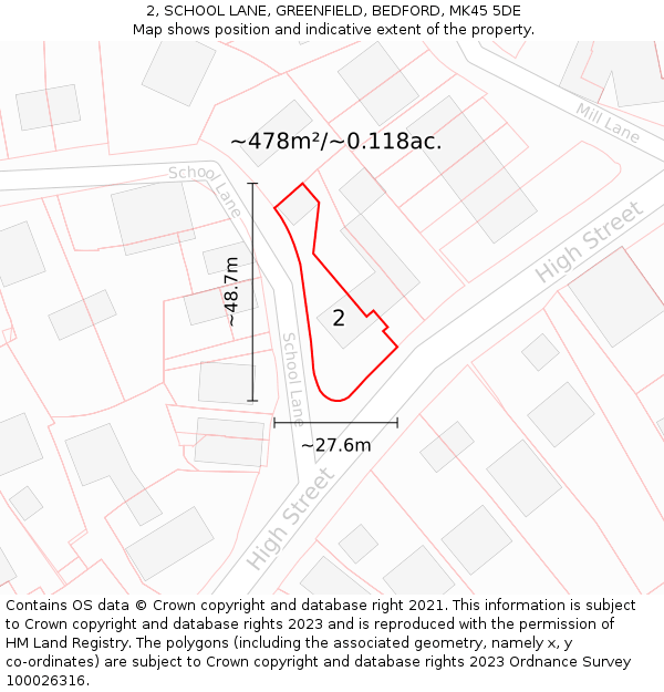 2, SCHOOL LANE, GREENFIELD, BEDFORD, MK45 5DE: Plot and title map