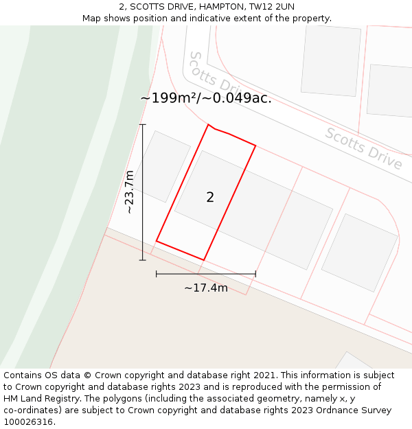 2, SCOTTS DRIVE, HAMPTON, TW12 2UN: Plot and title map