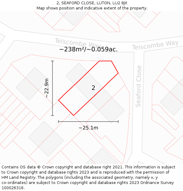 2, SEAFORD CLOSE, LUTON, LU2 8JX: Plot and title map