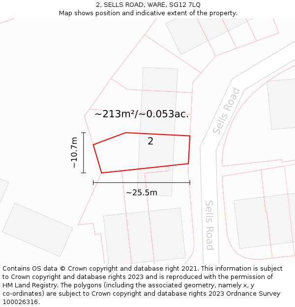 2, SELLS ROAD, WARE, SG12 7LQ: Plot and title map