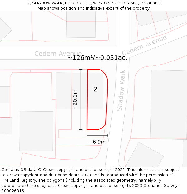 2, SHADOW WALK, ELBOROUGH, WESTON-SUPER-MARE, BS24 8PH: Plot and title map