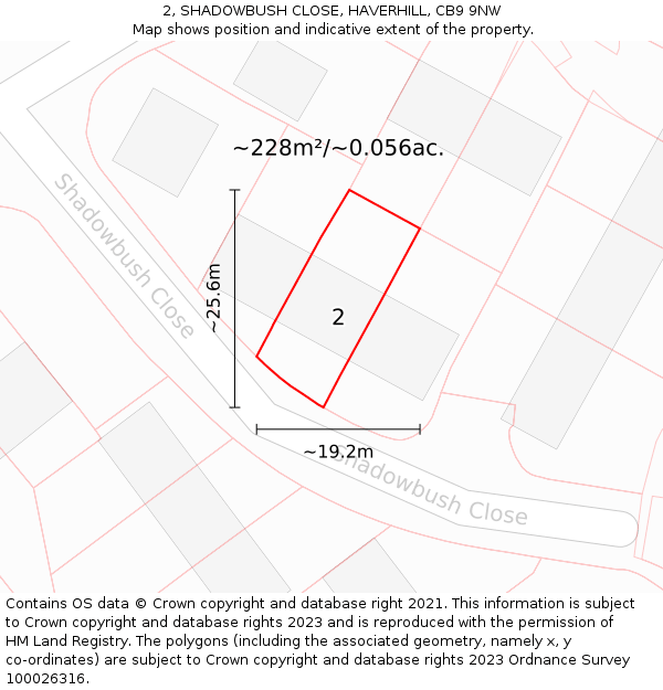 2, SHADOWBUSH CLOSE, HAVERHILL, CB9 9NW: Plot and title map