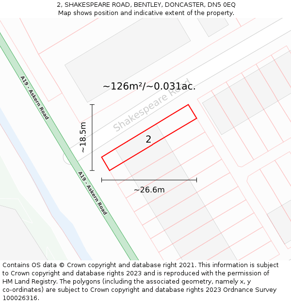 2, SHAKESPEARE ROAD, BENTLEY, DONCASTER, DN5 0EQ: Plot and title map
