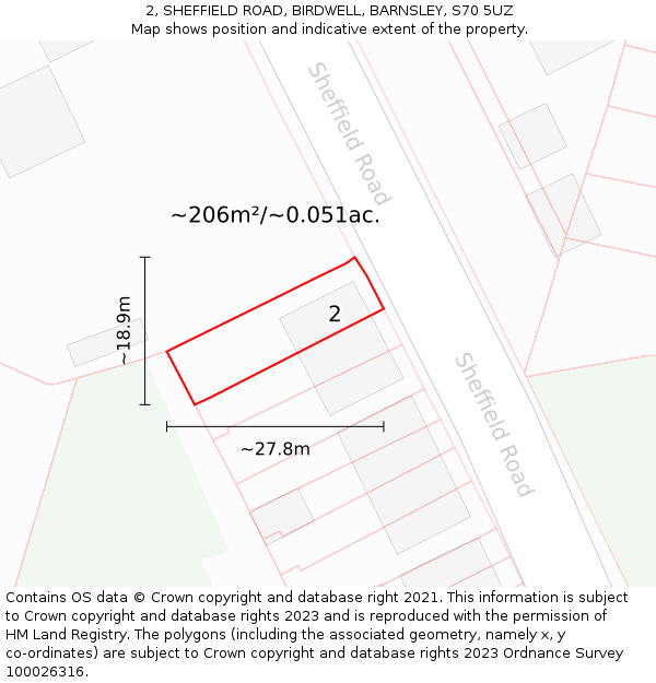 2, SHEFFIELD ROAD, BIRDWELL, BARNSLEY, S70 5UZ: Plot and title map