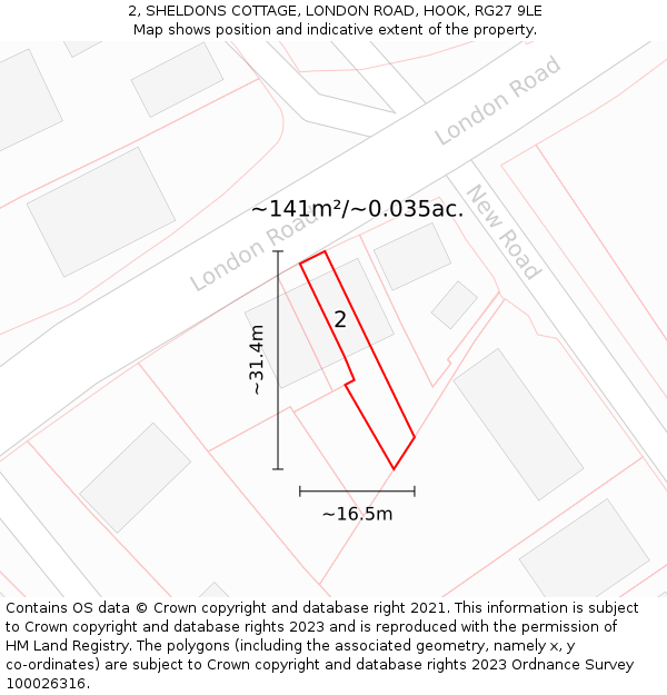 2, SHELDONS COTTAGE, LONDON ROAD, HOOK, RG27 9LE: Plot and title map