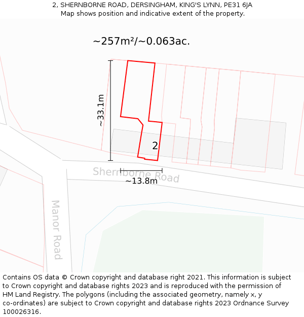 2, SHERNBORNE ROAD, DERSINGHAM, KING'S LYNN, PE31 6JA: Plot and title map