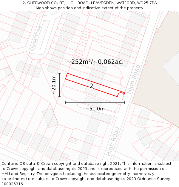 2, SHERWOOD COURT, HIGH ROAD, LEAVESDEN, WATFORD, WD25 7PA: Plot and title map