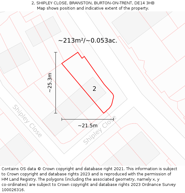 2, SHIPLEY CLOSE, BRANSTON, BURTON-ON-TRENT, DE14 3HB: Plot and title map