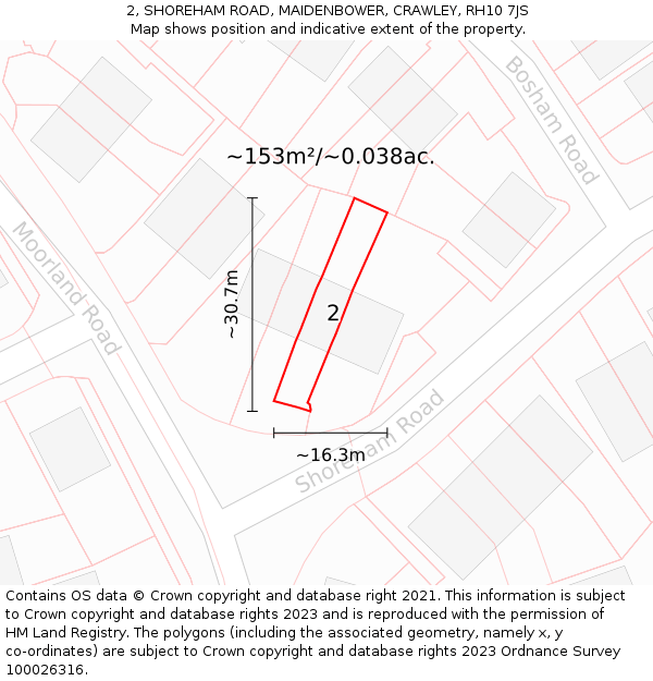 2, SHOREHAM ROAD, MAIDENBOWER, CRAWLEY, RH10 7JS: Plot and title map