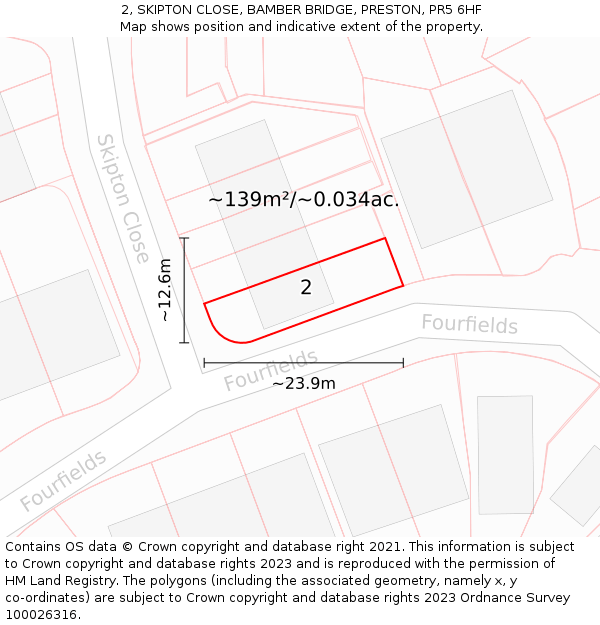 2, SKIPTON CLOSE, BAMBER BRIDGE, PRESTON, PR5 6HF: Plot and title map