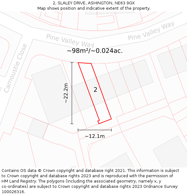 2, SLALEY DRIVE, ASHINGTON, NE63 9GX: Plot and title map