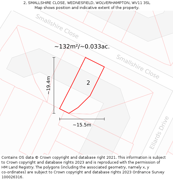 2, SMALLSHIRE CLOSE, WEDNESFIELD, WOLVERHAMPTON, WV11 3SL: Plot and title map