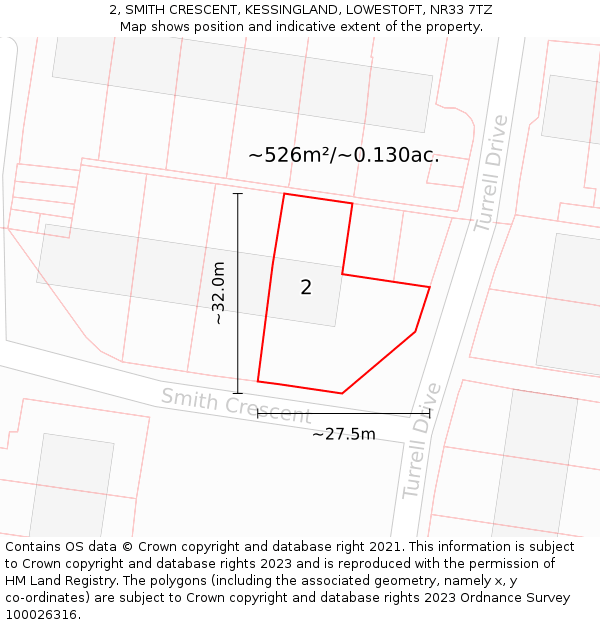 2, SMITH CRESCENT, KESSINGLAND, LOWESTOFT, NR33 7TZ: Plot and title map