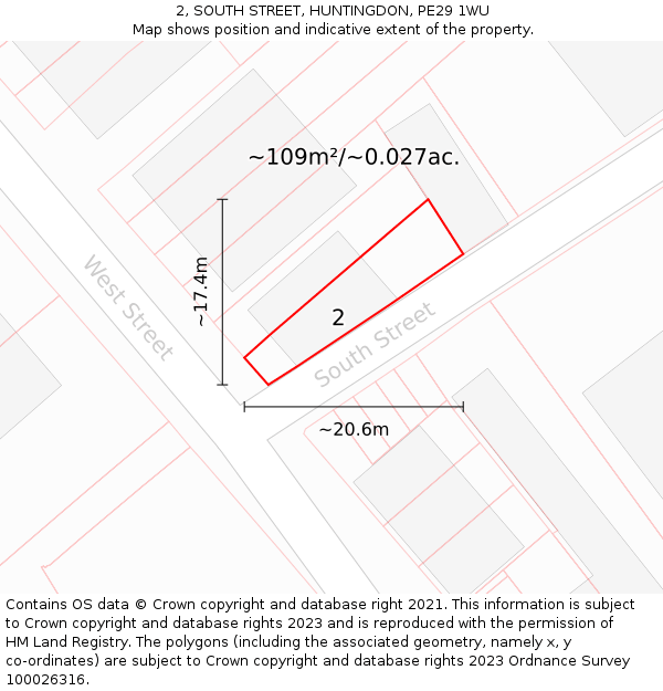 2, SOUTH STREET, HUNTINGDON, PE29 1WU: Plot and title map
