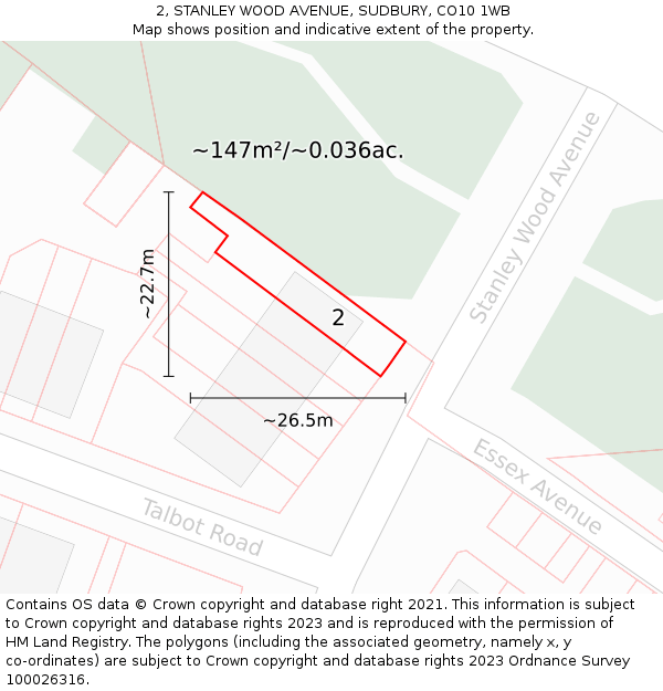 2, STANLEY WOOD AVENUE, SUDBURY, CO10 1WB: Plot and title map