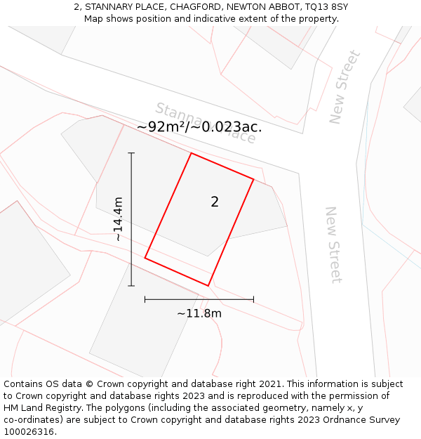 2, STANNARY PLACE, CHAGFORD, NEWTON ABBOT, TQ13 8SY: Plot and title map