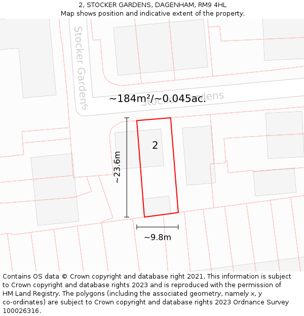 2, STOCKER GARDENS, DAGENHAM, RM9 4HL: Plot and title map