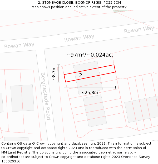 2, STONEAGE CLOSE, BOGNOR REGIS, PO22 9QN: Plot and title map