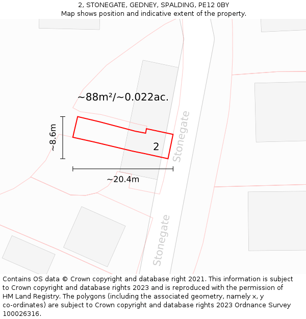 2, STONEGATE, GEDNEY, SPALDING, PE12 0BY: Plot and title map