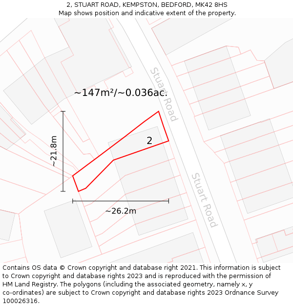 2, STUART ROAD, KEMPSTON, BEDFORD, MK42 8HS: Plot and title map