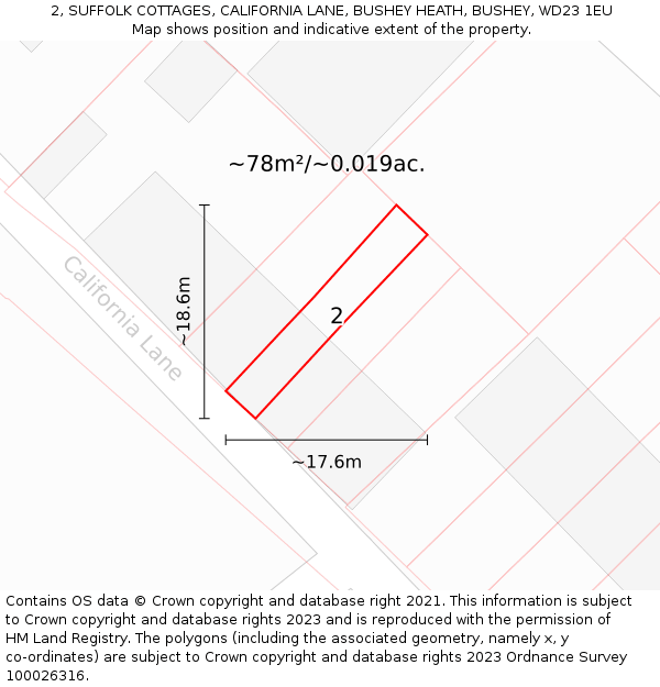 2, SUFFOLK COTTAGES, CALIFORNIA LANE, BUSHEY HEATH, BUSHEY, WD23 1EU: Plot and title map