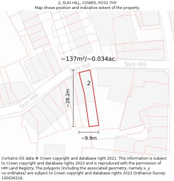 2, SUN HILL, COWES, PO31 7HY: Plot and title map