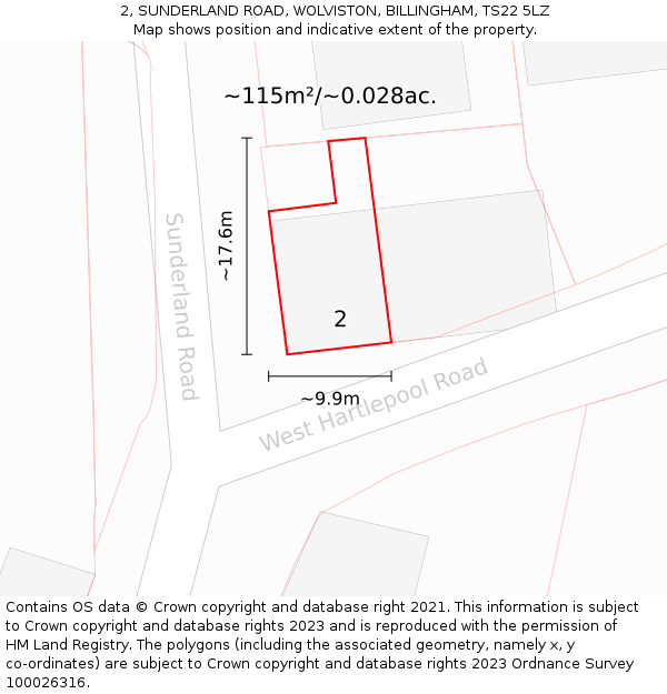 2, SUNDERLAND ROAD, WOLVISTON, BILLINGHAM, TS22 5LZ: Plot and title map
