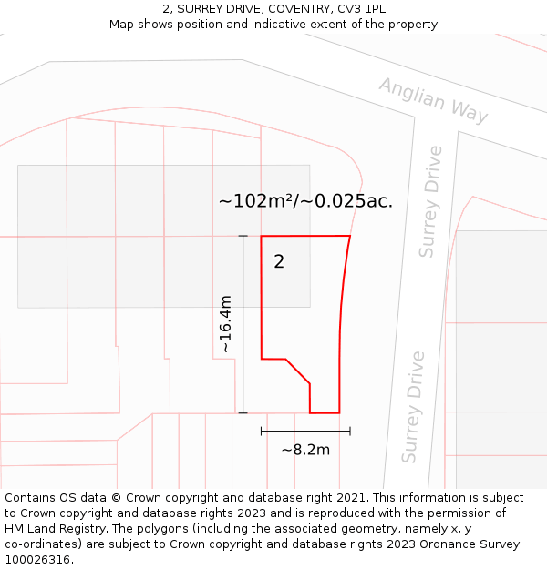 2, SURREY DRIVE, COVENTRY, CV3 1PL: Plot and title map