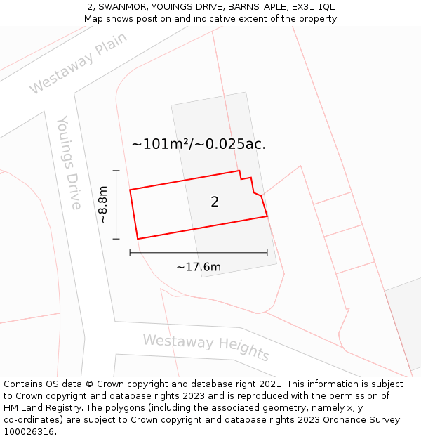 2, SWANMOR, YOUINGS DRIVE, BARNSTAPLE, EX31 1QL: Plot and title map