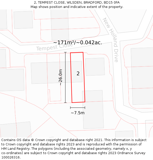 2, TEMPEST CLOSE, WILSDEN, BRADFORD, BD15 0FA: Plot and title map