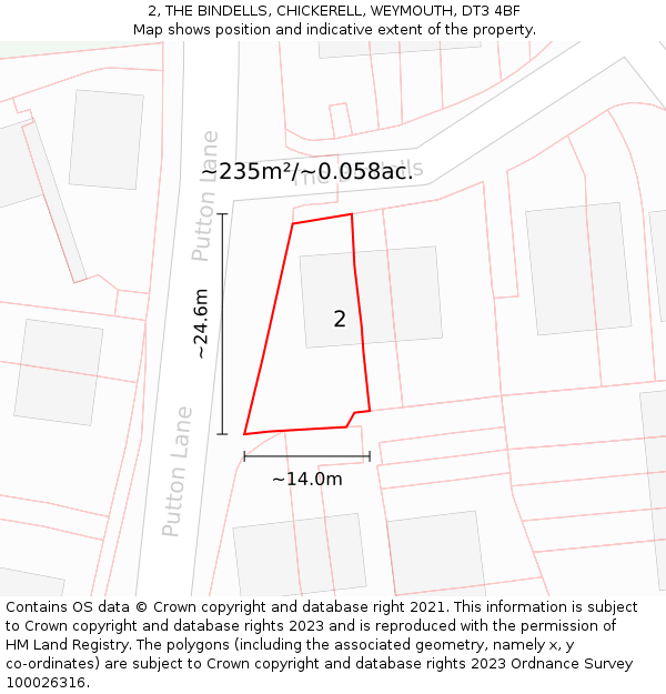 2, THE BINDELLS, CHICKERELL, WEYMOUTH, DT3 4BF: Plot and title map