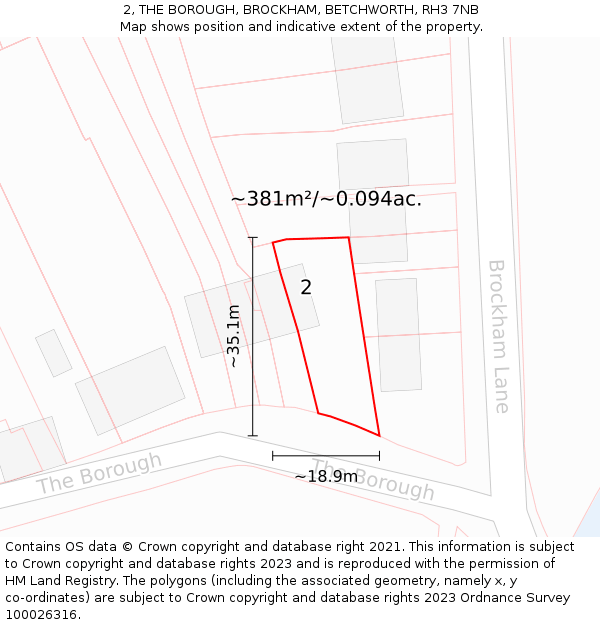 2, THE BOROUGH, BROCKHAM, BETCHWORTH, RH3 7NB: Plot and title map