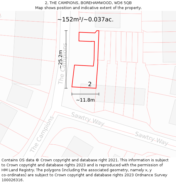 2, THE CAMPIONS, BOREHAMWOOD, WD6 5QB: Plot and title map