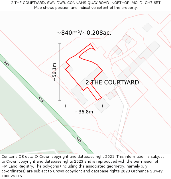 2 THE COURTYARD, SWN DWR, CONNAHS QUAY ROAD, NORTHOP, MOLD, CH7 6BT: Plot and title map