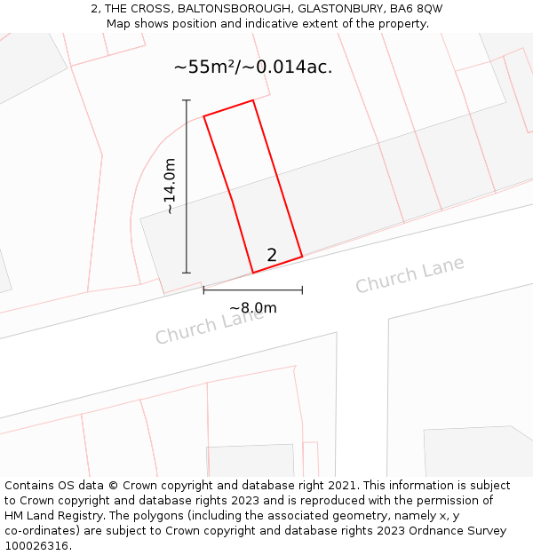 2, THE CROSS, BALTONSBOROUGH, GLASTONBURY, BA6 8QW: Plot and title map