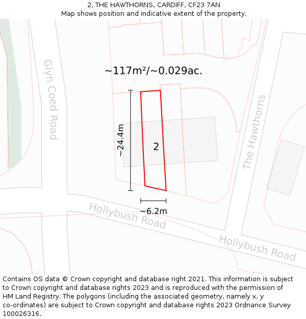 2, THE HAWTHORNS, CARDIFF, CF23 7AN: Plot and title map