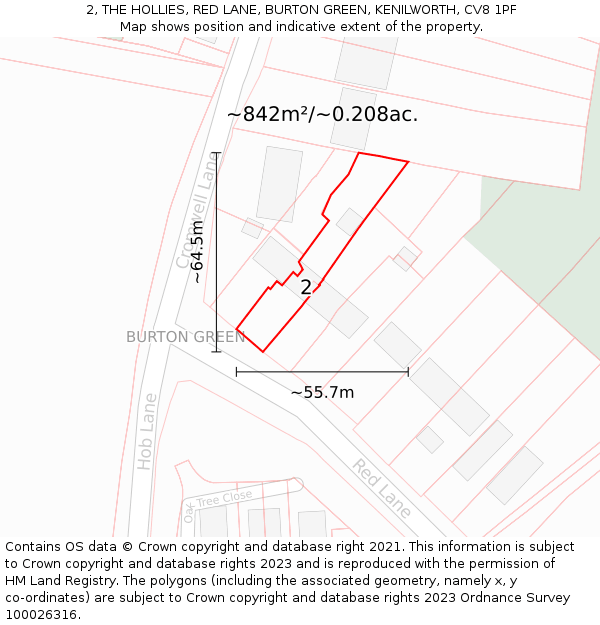 2, THE HOLLIES, RED LANE, BURTON GREEN, KENILWORTH, CV8 1PF: Plot and title map