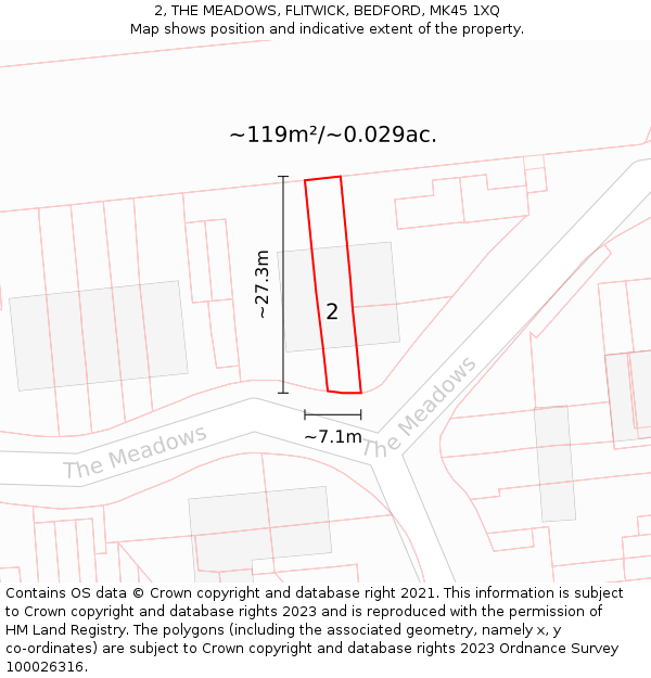 2, THE MEADOWS, FLITWICK, BEDFORD, MK45 1XQ: Plot and title map