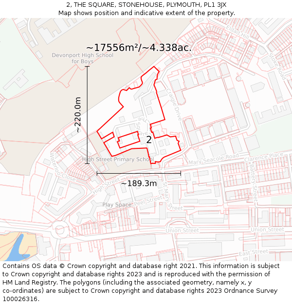 2, THE SQUARE, STONEHOUSE, PLYMOUTH, PL1 3JX: Plot and title map