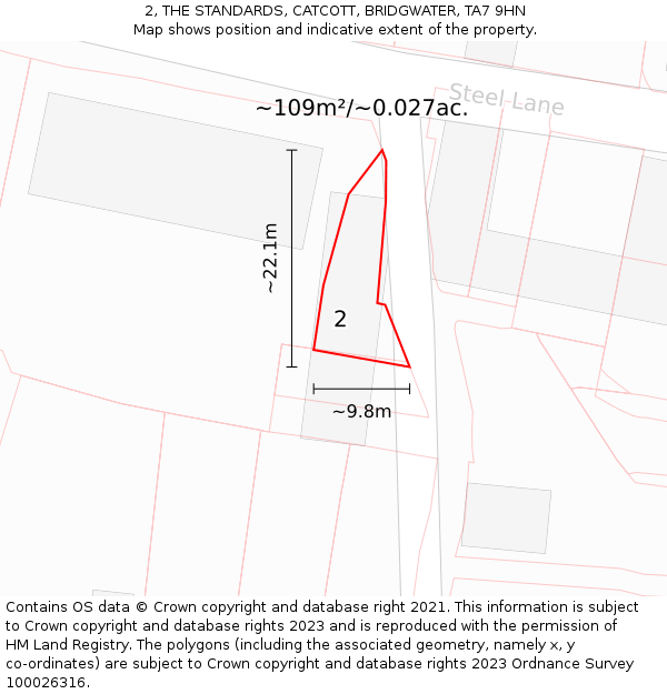 2, THE STANDARDS, CATCOTT, BRIDGWATER, TA7 9HN: Plot and title map
