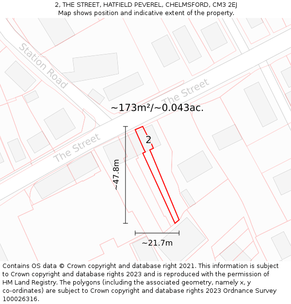 2, THE STREET, HATFIELD PEVEREL, CHELMSFORD, CM3 2EJ: Plot and title map