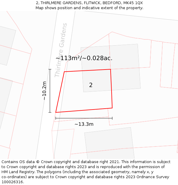 2, THIRLMERE GARDENS, FLITWICK, BEDFORD, MK45 1QX: Plot and title map