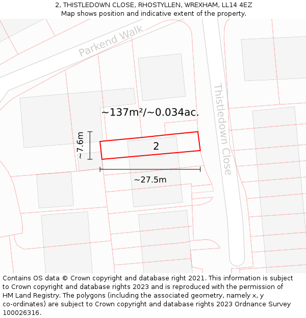2, THISTLEDOWN CLOSE, RHOSTYLLEN, WREXHAM, LL14 4EZ: Plot and title map