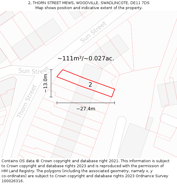 2, THORN STREET MEWS, WOODVILLE, SWADLINCOTE, DE11 7DS: Plot and title map