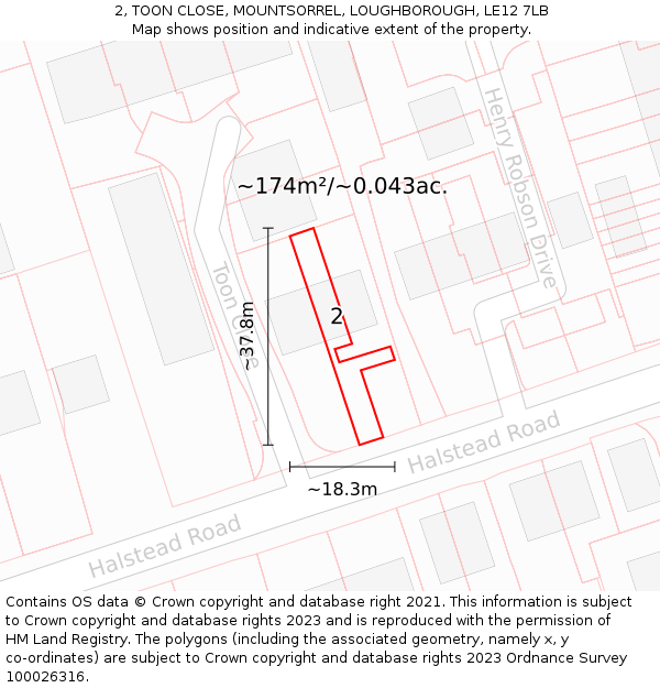2, TOON CLOSE, MOUNTSORREL, LOUGHBOROUGH, LE12 7LB: Plot and title map